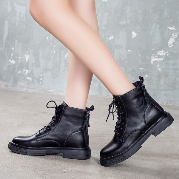 

black fashion autumn winter boots women double zip cross tied leather ankle boots motocycle women large size shoes