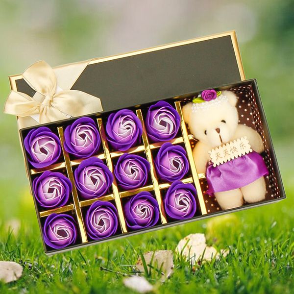 

12pcs rose soap with little bear bath rose soap flower petal with gift box for birthday wedding valentine's day love gift