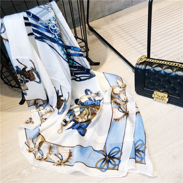 

100% silk scarves for women print horse long head hijab scarf ladies chiffon shawl wrap muffler pareo bandanna female ing, Blue;gray