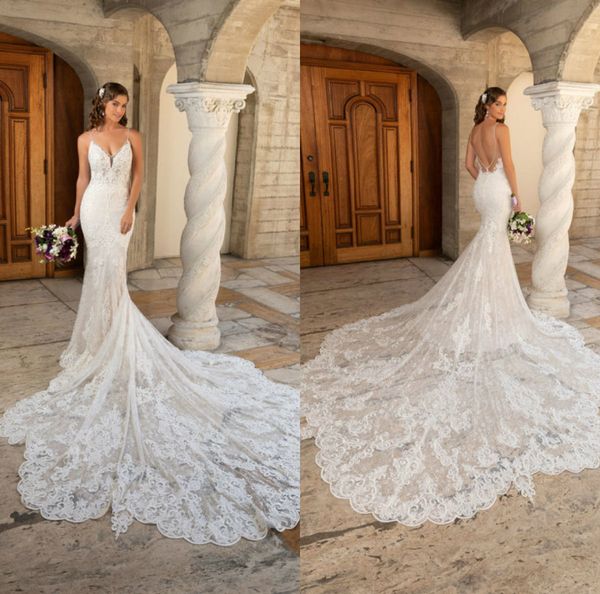 Kitty Chen Mermaid Dresses Spaghetti Sweep Train Lace Abito da sposa applicato in spiaggia Abito da sposa Debes a schiena DE MARIE DE MARIE