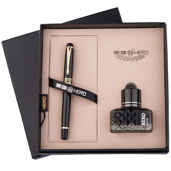 

hero1501 classical black fountain pens ink set fine nib 0.5mm metal pens for writing business gift pen with original box