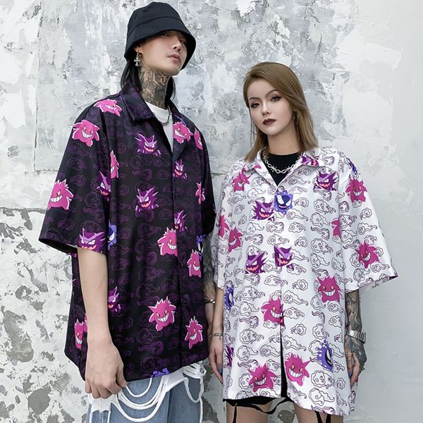 

european and american street hip-hop demon full printed short-sleeved shirt male summer loose couple tide brand personality five-point sleev, White;black