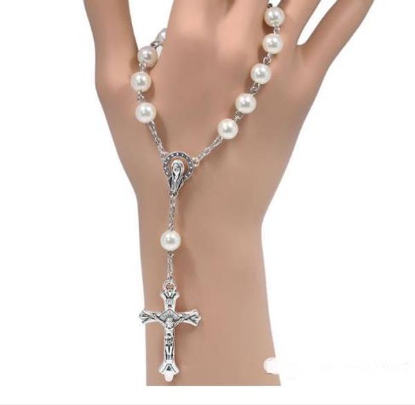 

catholic rosary bracelet white imitation pearl christ cross jesus virgin bracelet, Golden;silver