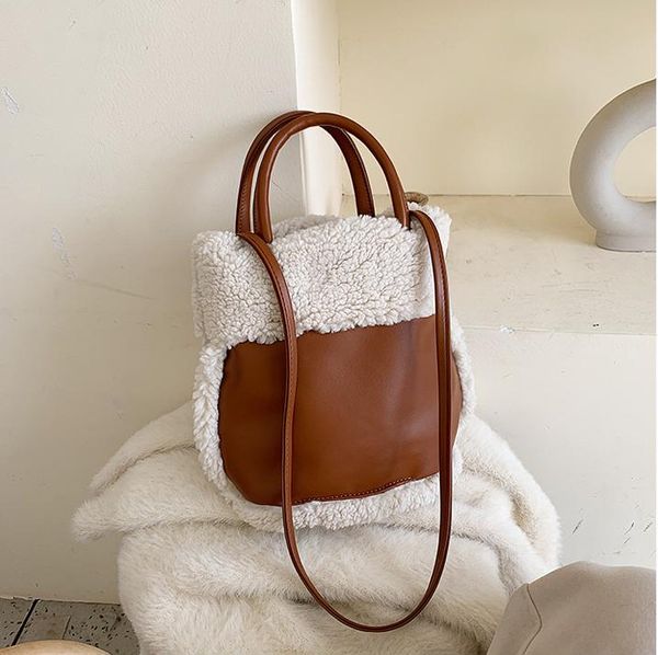 

vintage female tote bucket bag 2019 winter new quality leather women's handbags and purses plush shoulder messenger bag