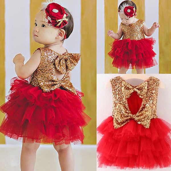 

2020 baby flower girl sequins sleevless dress bow tulle tutu party formal dresses christmas dress costume, Red;yellow