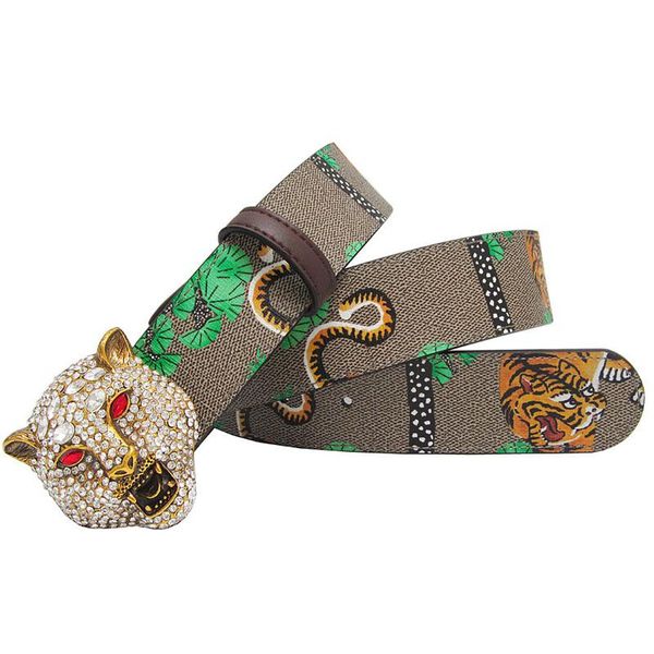 

western rhinestone leopard head buckle tiger print leather men belt gift with jeans, Black;brown