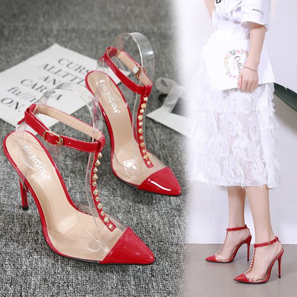 

ltarta 12cm 2019 women rivet pumps street p transparent comfortable rivet matching high-heeled sandals jxq-168-9, Black