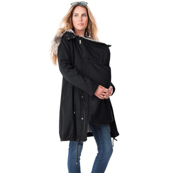 

new fashion women stitching hooded fur collar long maternity coat hoodie outwear lady hair collar kangaroo coat, Black;brown