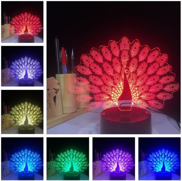

3D Павлин Спреды Хвост Павлин 7 Изменение Цвета LED Night Light Животных Настольный Спаль