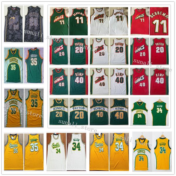 

sewed men seattle detlef schrempf 11 gary payton 20 ray allen 34 kevin durant 35 shawn kemp 40 sonic basketball jerseys sports shirts, Black;red