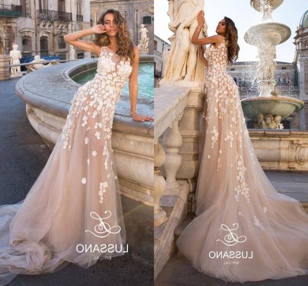 Abiti da sposa eleganti A Line Illusion Blush con applicazioni gioiello bianche Abiti da sposa Boho senza maniche Abiti da sposa su misura