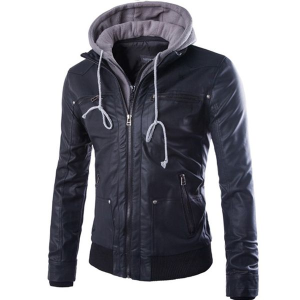 

europe and america men fashion solid color leather coat hooded windproof long sleeve zipper thick leather jacket, Black