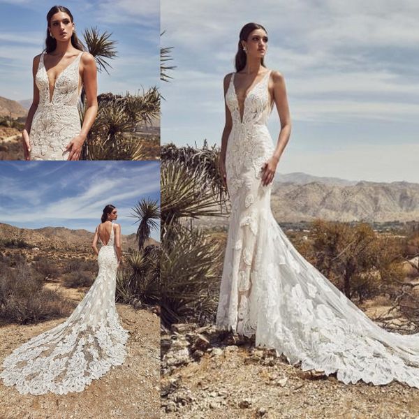 

2019 Ivory Mermaid Wedding Dresses Sexy V Neck Lace Bridal Gowns Sleeveless Backless Sweep Train Plus Size Boho Bohemian Wedding Dress