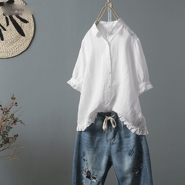 

крупногабаритная блузка рябить рубашка 2019 женщин vintage белье летней женской кнопки сорочка рубашка половина рукав blusas кафтан регулярн, White