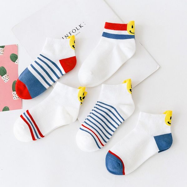 

5pairs/lot smiling face baby socks soft spring summer autumn breathable mesh cotton striped socks for boys girls thin socks, Pink;yellow