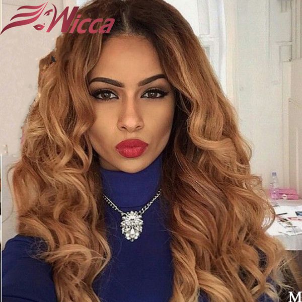 

wicca ombre blond 13x6 180 density lace front human hair wigs with baby hair brazilian wave remy bleached knots, Black;brown