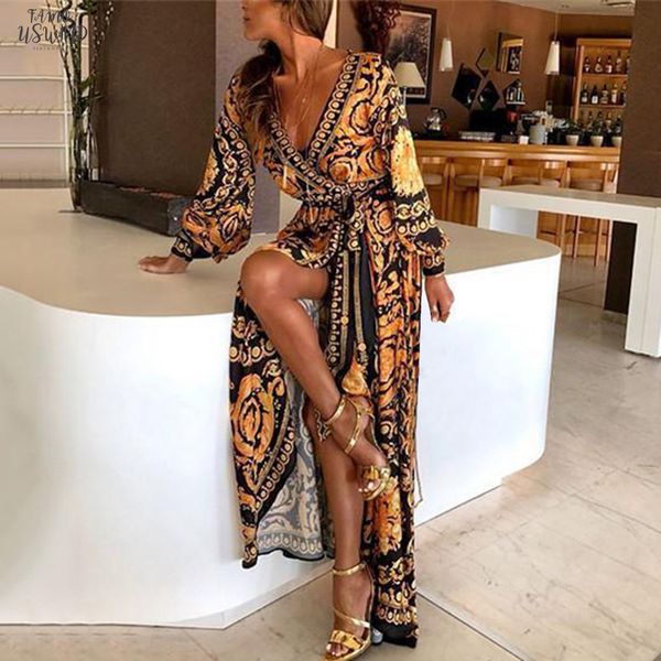 

women floral print spring boho dresses new long sleeve v neck long dress party beach holiday club dresses sundress, Black;gray