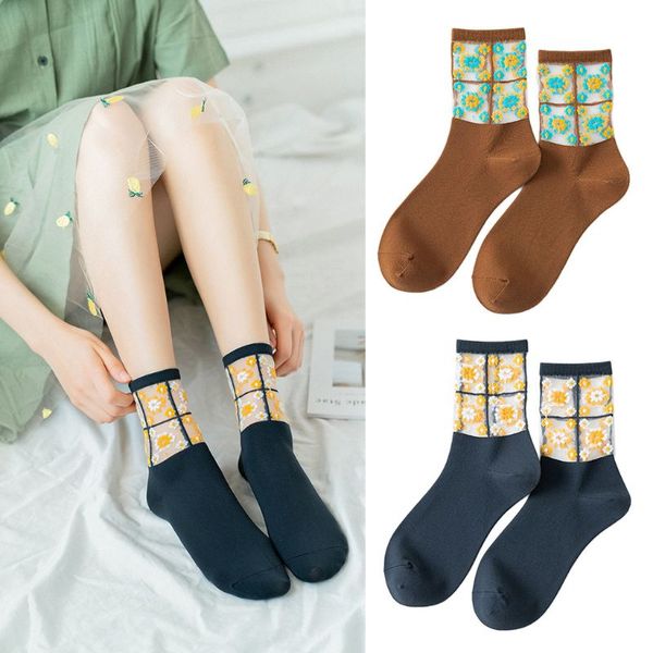 

korean style women daisy floral patchwork long ankle socks transaprent glass fiber mesh ultra-thin jacquard hosiery, Black;white