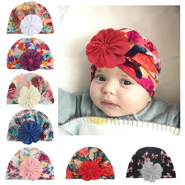 

kids designer hats infant pearl flower floral printed cotton caps headgear bandanas baby girl hair accessories children turban cap, Slivery;white