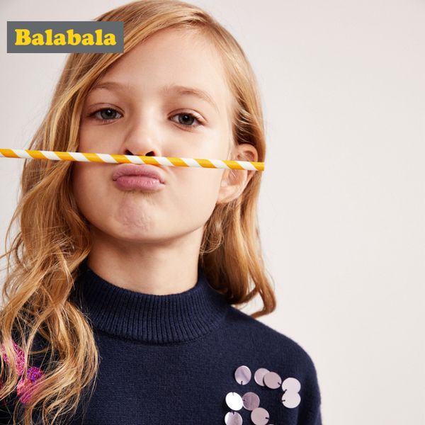 

balabala girls тонкий вязаный свитер с макетами и водолазкой и пайетками с открытыми плечами и оборкой с рюшами рубчатая манжета и низ, Blue