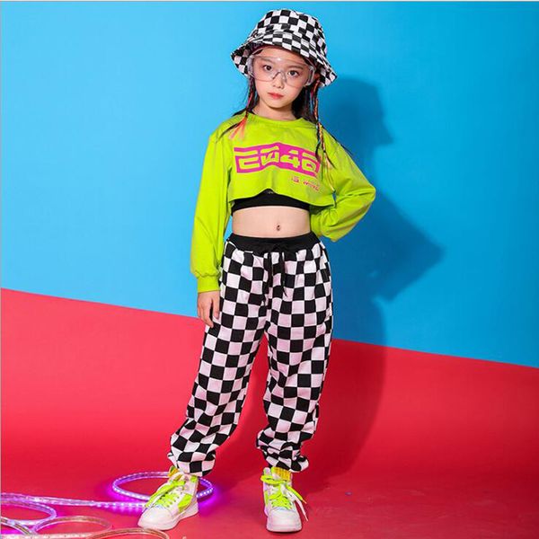 

kid cool hip hop clothing green sweatshirt shirt crop hollow causal pants for girl jazz ballroom dance costume clothes wear, Black;red