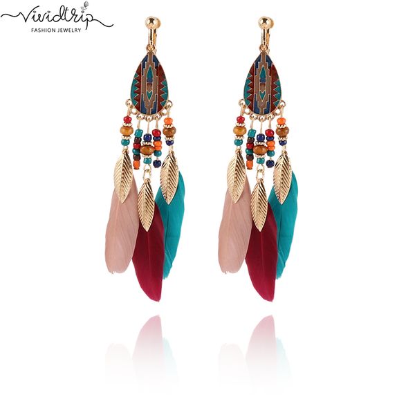 

fashion bohemian long tassel enamel feather clip on earrings for women without piercing hanging ear clips female bijoux 2018, Silver