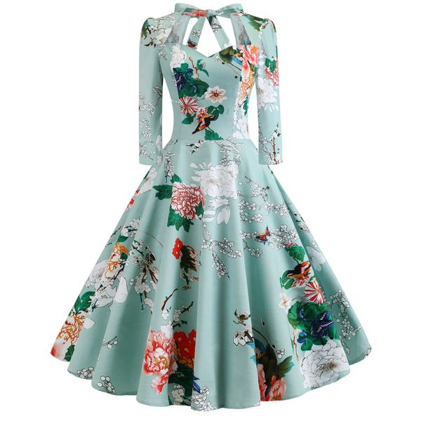 

fashion women floral printed long sleeve o-neck hollow out vintage dress cocktail beach evening dress, Blue;gray