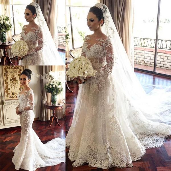 

2019 steven khalil mermaid wedding dresses bridal gowns with detachable skirt stunning detail 3d floral sheer neck illusion long sleeve 325, White