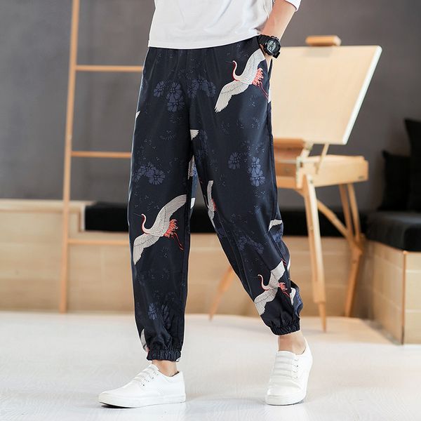 

men's pants cotton sports harem summer closing chinese style nine-point loose personality printing mens casual, Black