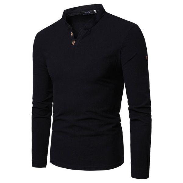 

2020 spring new style solid color cotton linen t-shirt men two-button flax retro chinese-style long-sleeved t-shirt, White;black