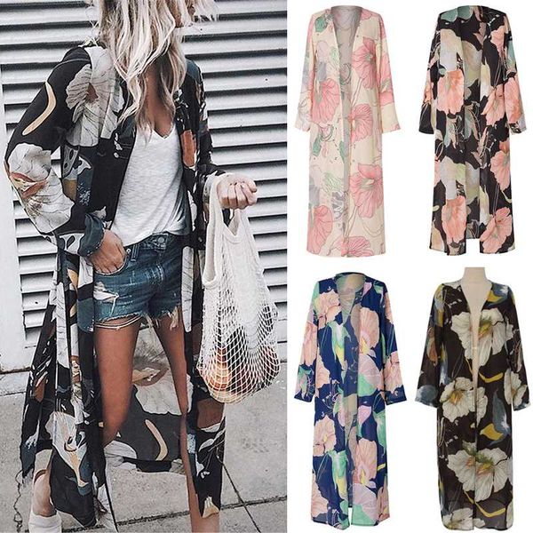 

women's blouses & shirts women boho chiffon kimono cardigan floral printed long sleeve blouse summer beach cover up loose ladies, White