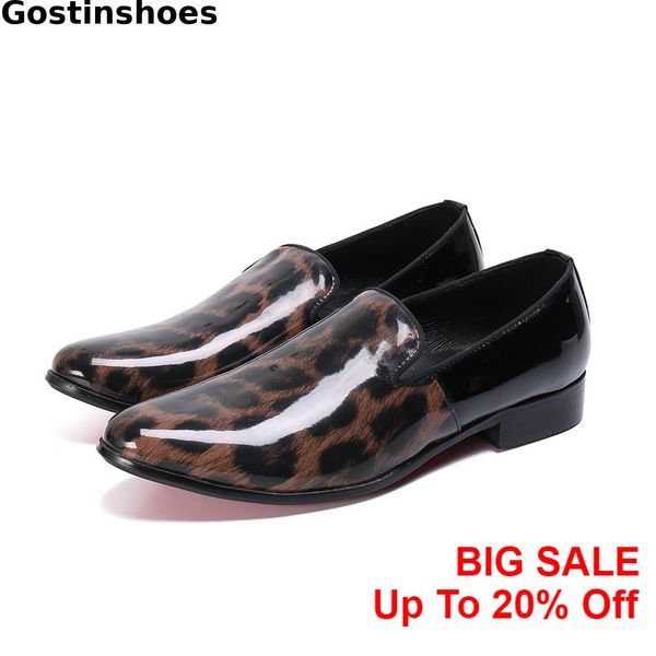 

fashion leopard printed patent leather men casual leather shoes pointed slip on lazy set foot shoes low heel men leisure, Black