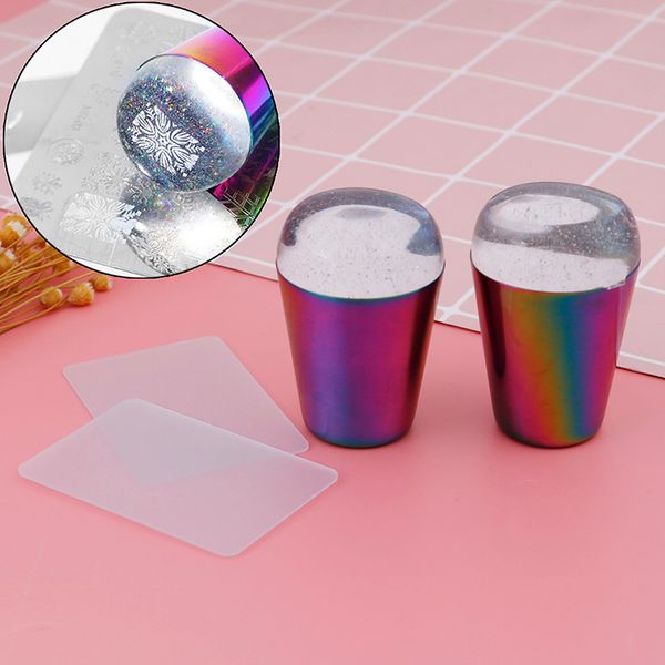 

1pc rainbow handle nail stamper shining holographic head clear silicone stamper, White
