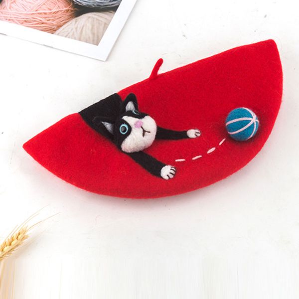 

fashion-retro handmade wool felt warm caps women korean cute cat ladie hat autumn winter christmas painter style pancake hat gift, Blue;gray
