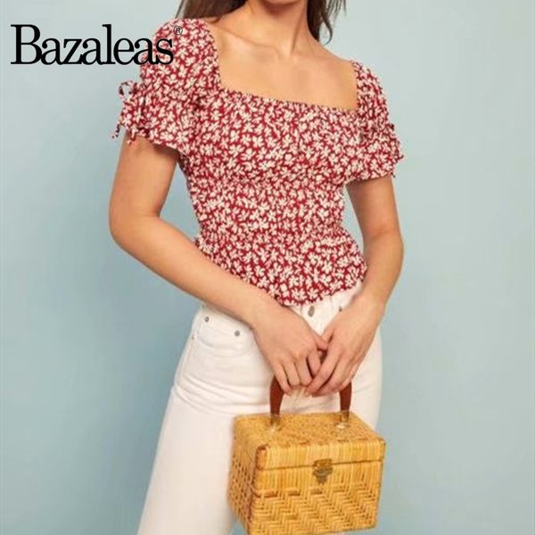 

bazaleas france red floral print short flare sleeve women blouse elegant blusas mujer de moda 2020 vintage square collar, White