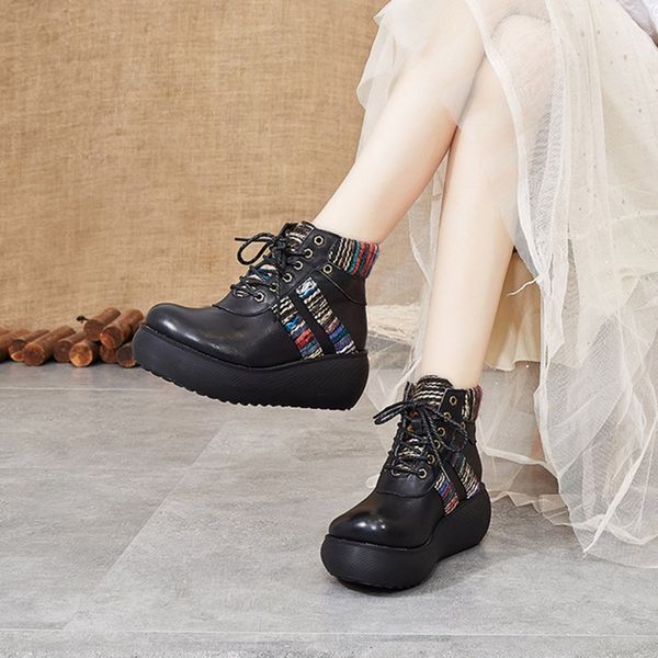 

boots female 2019 winter new retro wild short boots female leather beef tendon bottom women thick bottom non-slip, Black