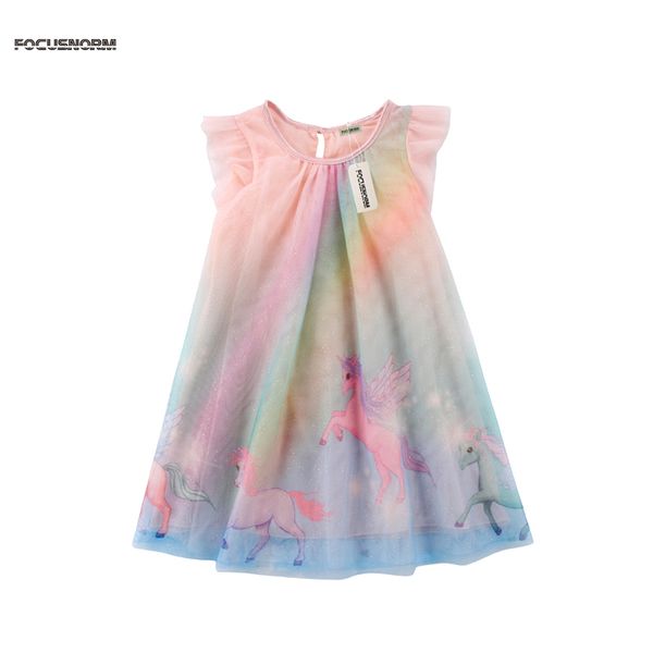 

toddler baby girls summer sweet princess dress unicorn print lace petal sleeve rainbow print a-line knee-length dress 1-7y, Red;yellow