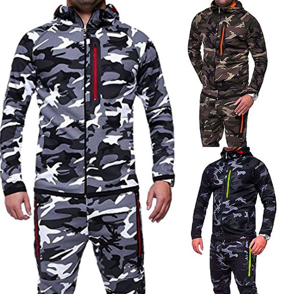 Tracksuits masculinos 2 pc camuflagem jaqueta conjunto masculino impresso treino calças superiores ternos casaco com capuz calças terno primavera