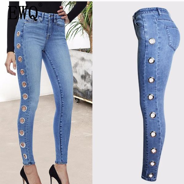 

ewq] 2019 spring summer new style light wash denim patchwork side round hole pencil pants vintage pants women ae01605, Blue