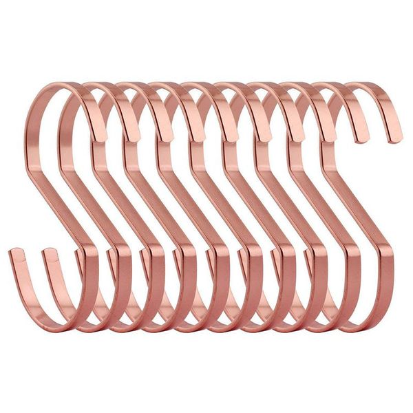 

10-pack 4 inch rose gold chrome finish steel hanging flat hooks - s shaped hook heavy-duty s hooks, for kitchenware, pots, utens