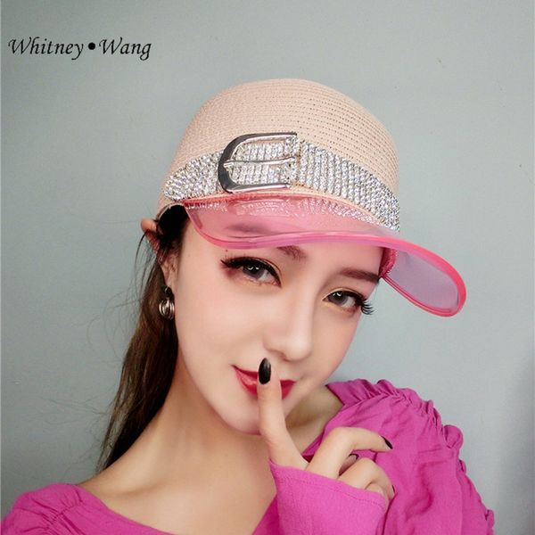

whitney wang 2019 summer fashion streetwear designer style diamonds pvc baseball caps women stylish straw hat, Blue;gray