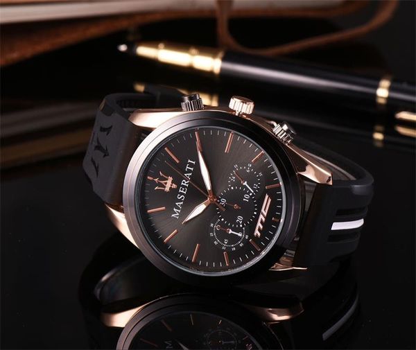 

fashion mens sport wristwatch designer watch maserati rubber strap quartz movement gift clock wacth relojes hombre horloge orologio uomo, Slivery;brown