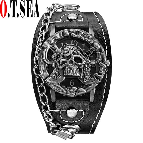 

o.t.sea brand unique pirate skull quartz punk watches luxury leather sports watch relogio masculino 1831-6, Slivery;brown