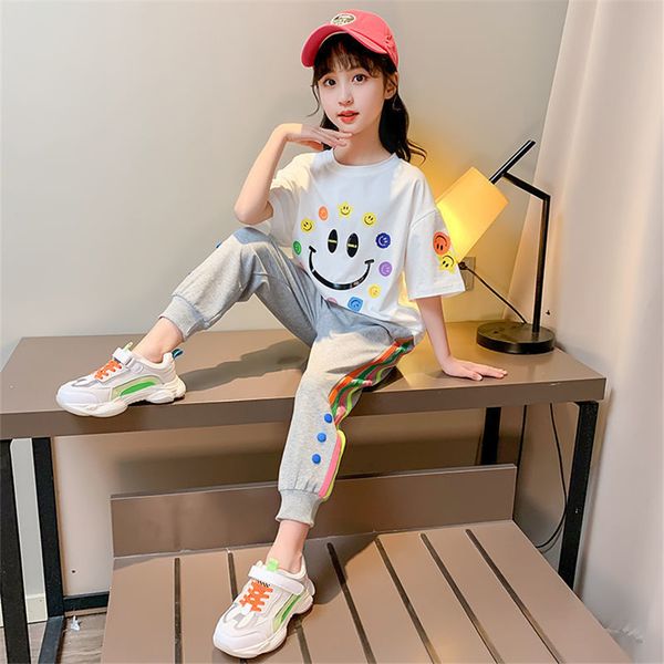 

new summer girls sets two pieces children clothes tracksuit t shirt + long pants casual kids outfits size 3 4 5 6 7 8 10 12 yrs t200707, White