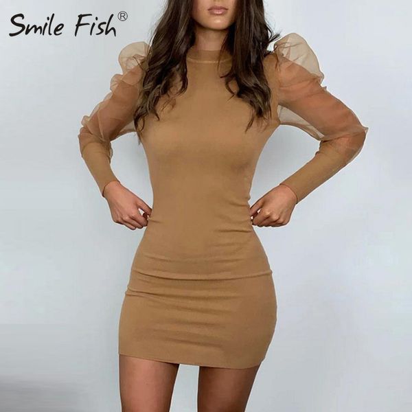 

puff mesh perspective sleeve 2019 autumn women o-neck black party bodycon pencil dress solid mini club femme dresses g1074, Black;gray