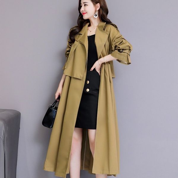 

2020 new autumn womens trench coat fashion solid long sleeve windbreaker female loose fit belt chic outerwear plus size -2xl, Tan;black