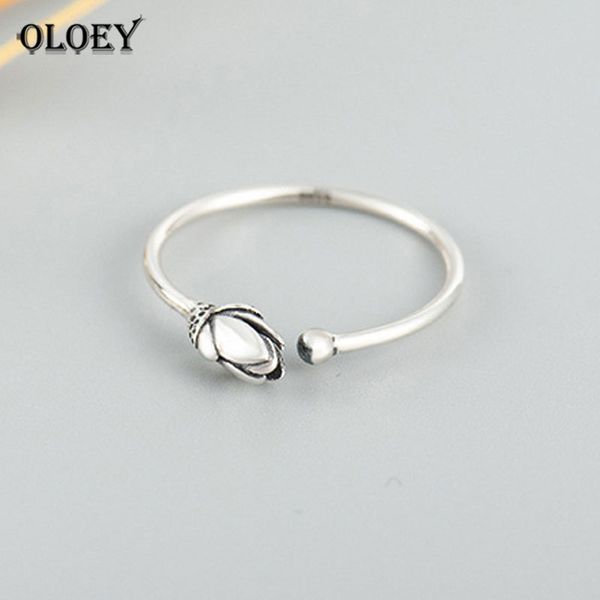 

oloey genuine 925 sterling silver open rings for women ladies vintage lotus flower adjustable finger ring fine jewelry ymr383, Golden;silver