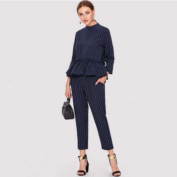 

womens tracksuit women designer clothes navy striped elegant office ladies ruffle round neck regular women summer fashion twopiece, Gray