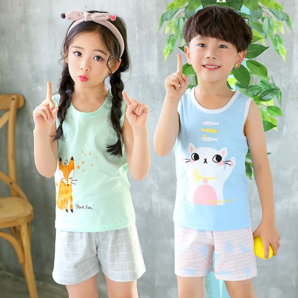 

2020 summer children clothing sets cotton kids sets for boys girls 2-8y cartoon print vest baby boys girs, White