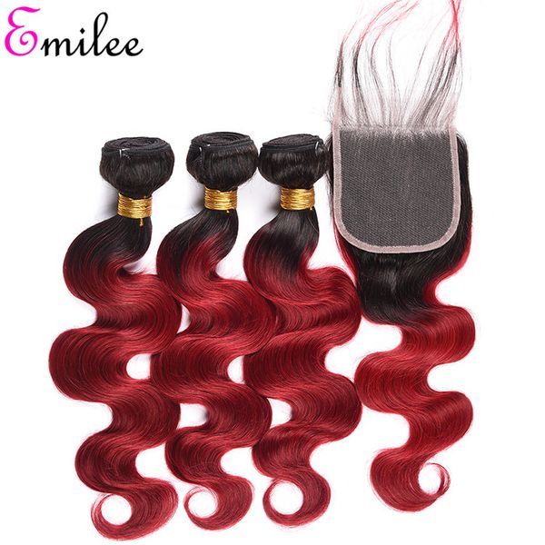 

emilee 1b bug red hair bundles with closure peruvian body wave red ombre hair weave bundles with closure 12 inch, Black
